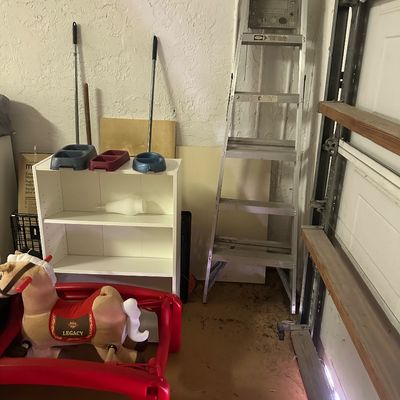 Sale Photo Thumbnail #22: Plush spring rocking horse, a white three-shelf bookcase holding pet dishes, and an aluminum stepladder stored in a garage.