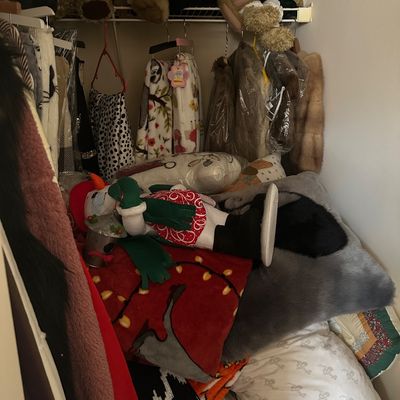 Sale Photo Thumbnail #68: Closet packed with plush teddy bears, fur coats, throw pillows, and holiday decorations including a snowman figure.
