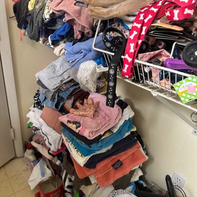 Sale Photo Thumbnail #30: Large collection of assorted folded clothes, towels, pet leashes, and household cleaning items organized on shelving.