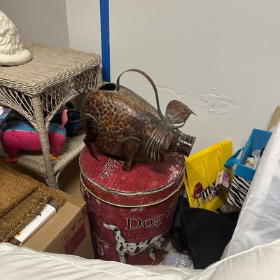 Sale Photo Thumbnail #21: Novelty metal pig-shaped watering can resting on a vintage-style dog-themed storage tin, accompanied by a white wicker side table and other home decor items.