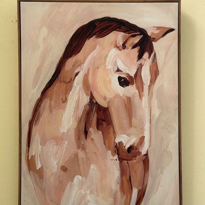 Sale Photo Thumbnail #87: Framed expressionistic oil painting of a horse in neutral earth tones with a dark mane.
