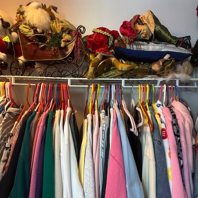 Sale Photo Thumbnail #59: Closet filled with hanging colorful clothing and sweatshirts beneath a top shelf storing various holiday decor, including Santa Claus figures and a decorative sleigh.