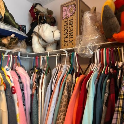 Sale Photo Thumbnail #58: Closet packed with assorted long-sleeve shirts, jackets, and sweaters on hangers, with plush toys and a Bearly People collectibles box stored on the top shelf.