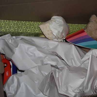 Sale Photo Thumbnail #157: Cardboard box containing assorted packed items, including a teddy bear wearing a rainbow visor, a vintage patterned box, and various small household goods.