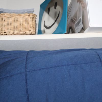 Sale Photo Thumbnail #5: Blue quilted blanket stored in a closet below a shelf containing a small wicker basket, a smiley face sign, and boxed items.