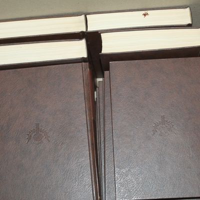 Sale Photo Thumbnail #154: Collection of brown faux-leather bound hardcover books packed in a cardboard box, featuring embossed thistle insignia on the front covers.