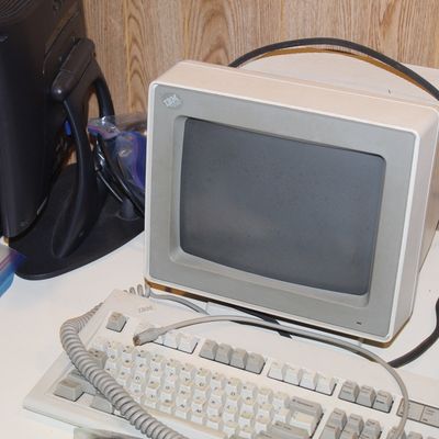 Sale Photo Thumbnail #91: Vintage IBM CRT computer monitor and matching coiled-cable keyboard, circa late 1980s to early 1990s.