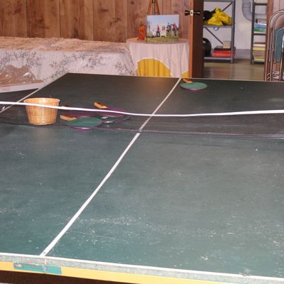 Sale Photo Thumbnail #84: Full-size green ping pong table with net, paddles, and small woven basket.