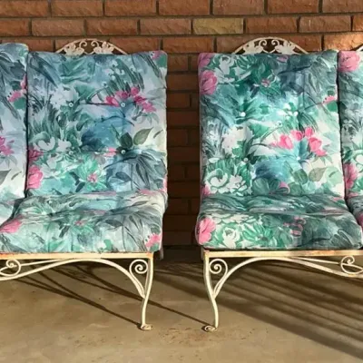 Wrought Iron Patio Loveseats with Floral Cushions 