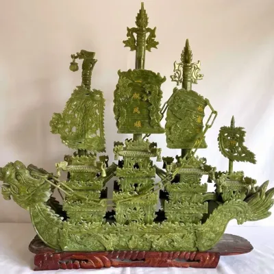 Antique Carved Jade Dragon Boat 