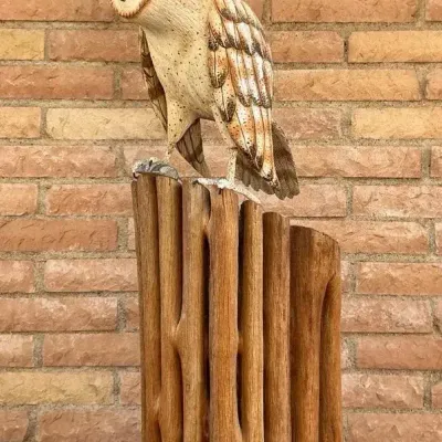 Hand Painted Barn Owl Sculpture on Saguaro Rib Pedestal