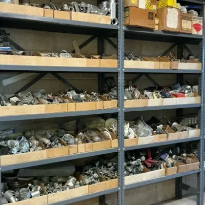 Metal Shelving with Assorted Electrical Supplies and Hardware