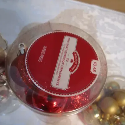 Sale Photo Thumbnail #875: Gold ornaments are glass, red & silver are shatterproof, see pictures