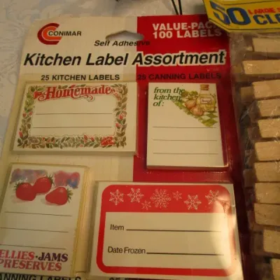 Sale Photo Thumbnail #477: New package of 50 3" clothes pins, 1 new package kitchen label assortment (100 lables), 1 hot glue gun