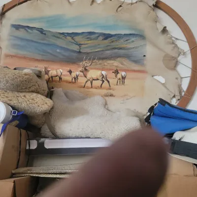 Sale Photo Thumbnail #64: Native America hide painting.