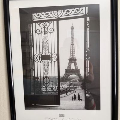Sale Photo Thumbnail #18: Framed black and white art print titled 'The Eiffel Tower from the Trocadéro' by Gall, set in a simple black frame with white matting.