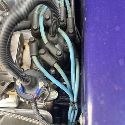 Sale Photo Thumbnail #30: Close-up view of an engine bay featuring Moroso spark plug wires and a distributor cap connected near a purple vehicle body.