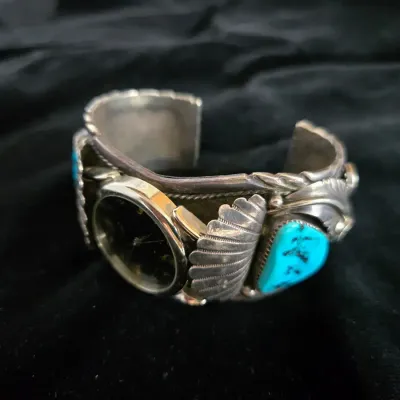 Vintage Handcrafted Turquoise & Sterling Silver Watch Cuff