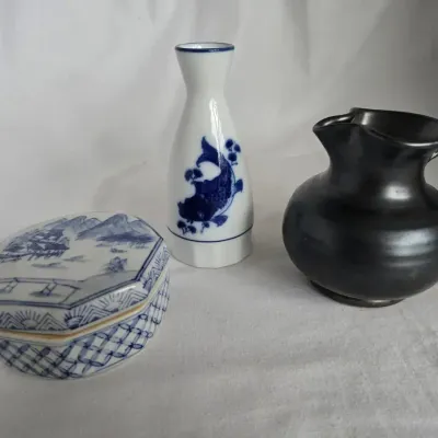 Ceramic Trio - Prinknash Pitcher, Chinoiserie Box and Sake Pitcher