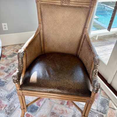 Sale Photo Thumbnail #24: Hooker set of 4 bamboo and leather armchairs with silver tone dolphins $499