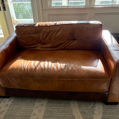 Sale Photo Thumbnail #26: two tone brown  leather loveseat $399
60X39X32"