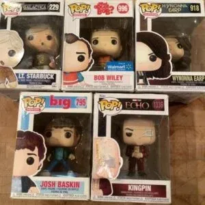 Collection of five boxed Funko Pop! vinyl figures, including Lt. Starbuck, Bob Wiley, Wynonna Earp, Josh Baskin, and Kingpin.