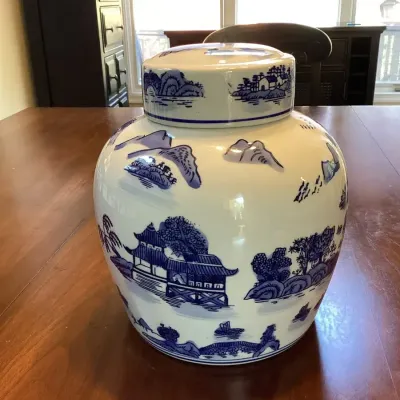 Blue Pagoda Lidded Porcelain Jar