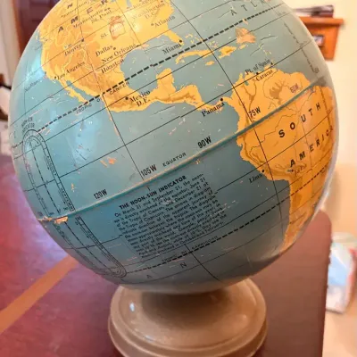 Vintage George F. Cram Desktop World Globe w/ Original Outer Space Handbook