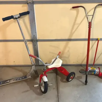 Vintage Hedstrom Tricycle, Micro Scooter, Fisher-Price Push Toys & Pogo Stick