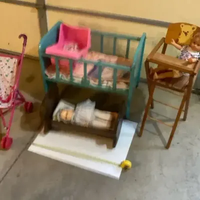 Retro Doll Furniture Lot – 1960s Metal Crib, Wooden Cradle & Stroller (5 Pcs)