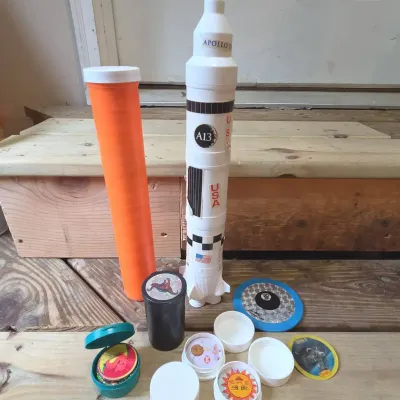 Vintage Apollo Saturn V Rocket Pog Holder, 1990s Milk Caps, Slammers & Tubes Lot