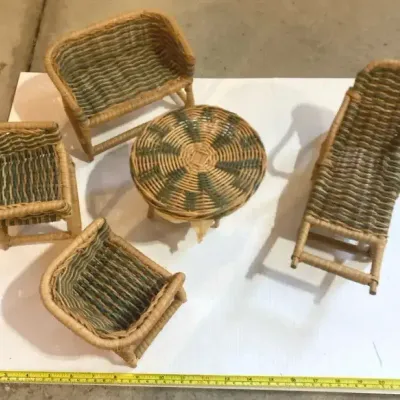 Vintage 5-Piece Doll Wicker & Rattan Furniture Set – Loveseat, Chairs & Table