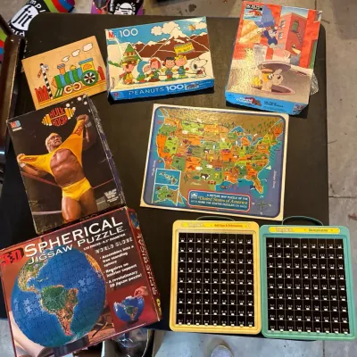 Vintage Puzzle & Learning Game Lot - Hulk Hogan, Snoopy Peanuts, 3D Globe & More