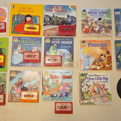 Large Vintage Read-Along Audio Lot – Disney Tapes, Books, 7" Records & 45 RPM