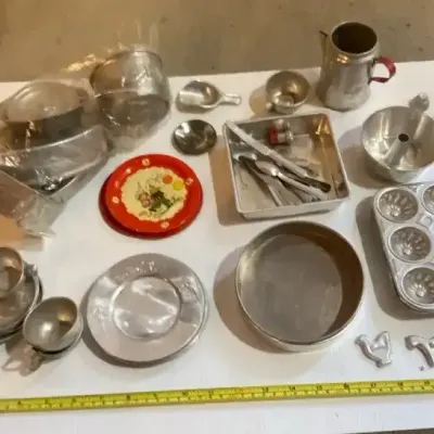 Vintage Miniature Aluminum Toy Cookware, Bakeware & Tea Set Lot