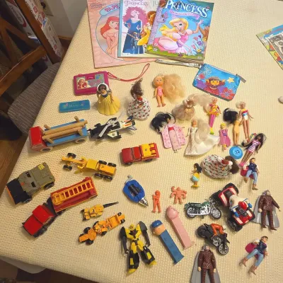 Mixed Vintage & Retro Toy Lot: Trucks, Action Figures, Disney Books & Fashion Dolls