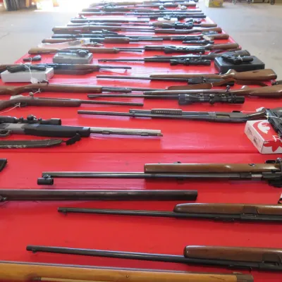Sale Photo Thumbnail #5: Large collection of long guns, rifles, and shotguns displayed on a red cloth-covered table at an estate sale.