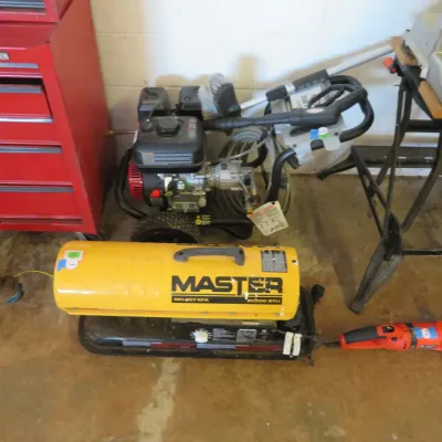 Sale Photo Thumbnail #13: Collection of garage tools including a Master 80,000 BTU forced air torpedo heater, a Craftsman rolling tool chest, a gas pressure washer, and hand power tools.