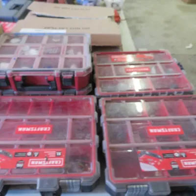Sale Photo Thumbnail #25: Collection of red Craftsman and Milwaukee portable small parts organizers with clear lids.