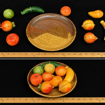 Polished Decorative Stone Fruit Sculptures With Art Pottery Plate 