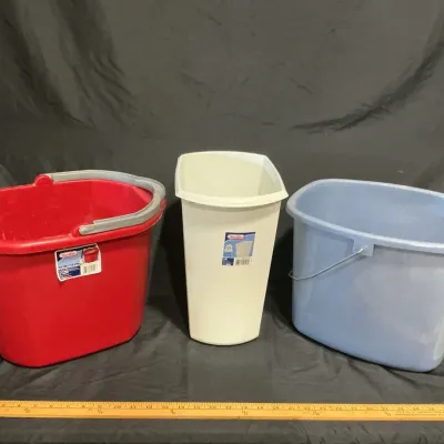 Two Plastic Mop Buckets With 3 Gal Sterilite Trash Bin 