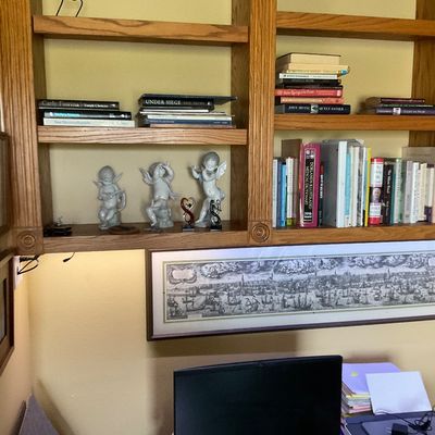 Sale Photo Thumbnail #53: Oak wall unit shelving filled with various books and porcelain cherub figurines, with a framed panoramic print displayed below.
