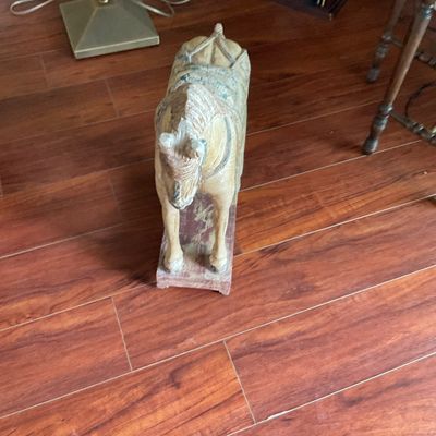 Sale Photo Thumbnail #73: Vintage carved wooden horse figurine standing on a rectangular base, featuring distressed painted details and rustic wear.