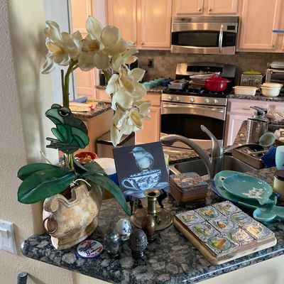 Sale Photo Thumbnail #98: Assorted home decor items on a kitchen counter, including an artificial orchid arrangement in an urn planter, stained glass frog stake, decorative tiles, small trinkets, and tableware.