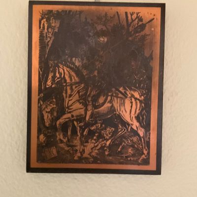 Sale Photo Thumbnail #137: Vintage copper etching wall plaque depicting Albrecht Dürer's 'Knight, Death and the Devil' mounted on a dark wooden backing.
