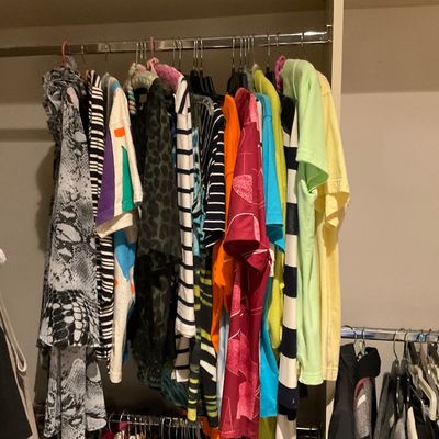 Sale Photo Thumbnail #168: A rack of colorful contemporary women's clothing, including patterned blouses, t-shirts, and short-sleeved tops, neatly hanging inside a closet.