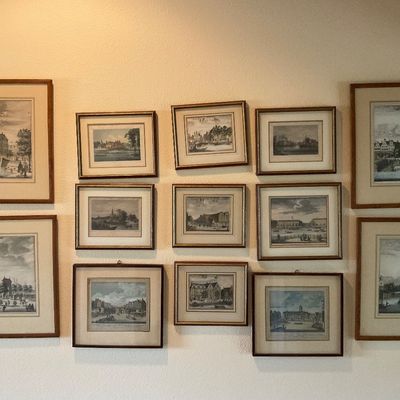 Sale Photo Thumbnail #62: Collection of framed vintage European architectural and landscape prints displayed in a wall gallery arrangement.