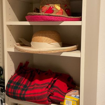 Sale Photo Thumbnail #166: White closet shelving unit displaying woven straw sun hats and folded red plaid blankets.
