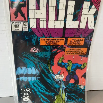 Sale Photo Thumbnail #64: Marvel Comics The Incredible Hulk #384 comic book from August 1991, featured in a protective sleeve.