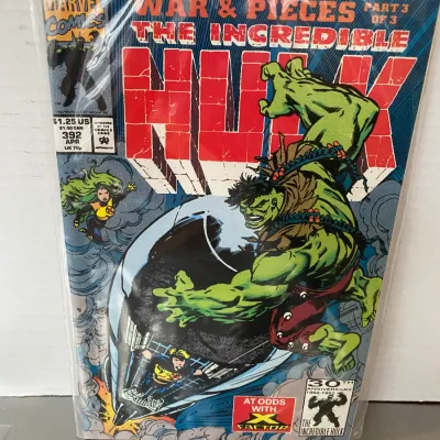 Sale Photo Thumbnail #63: Marvel Comics The Incredible Hulk #392, published in April 1992, preserved in a protective plastic sleeve.
